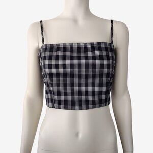 Forever 21 Black Blue Houndstooth Plaid Smocked Back Cropped Cami Top